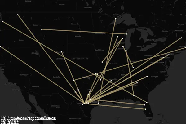 Map of ferry flights across the USA